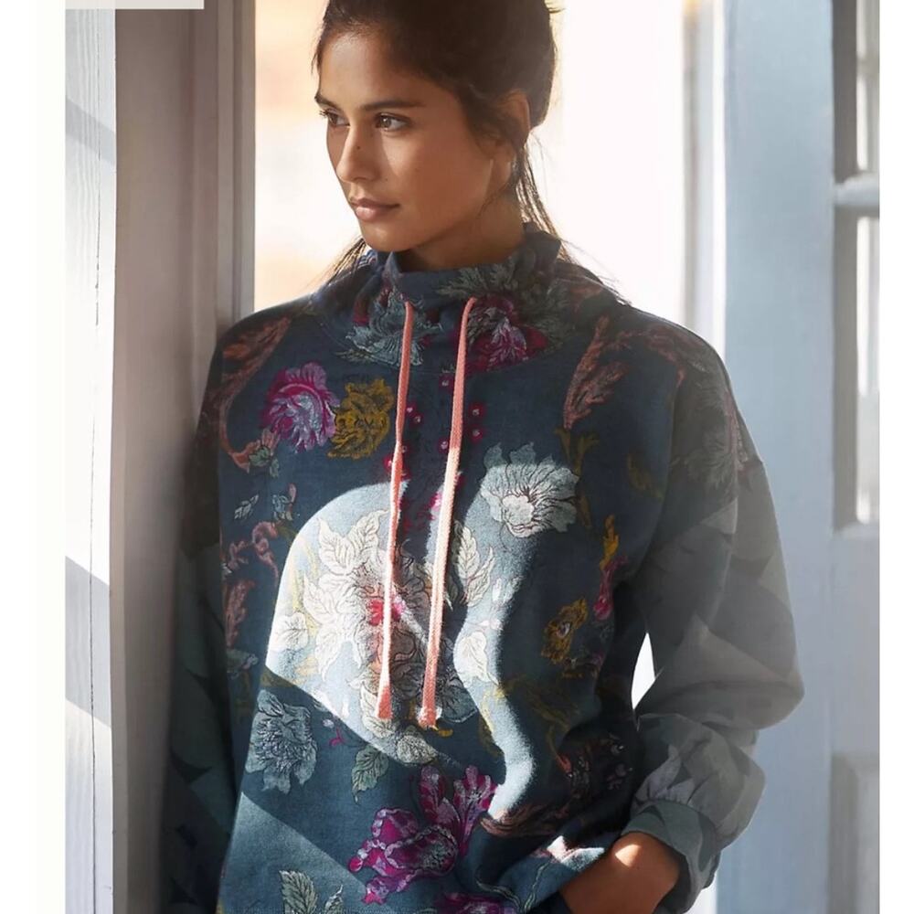 Anthropologie Floral Hooded Sweatshirt in Teal with Pink Accents